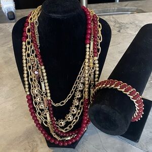 Premier Designs Red and Gold Multi-Strand Necklace and bracelet set.